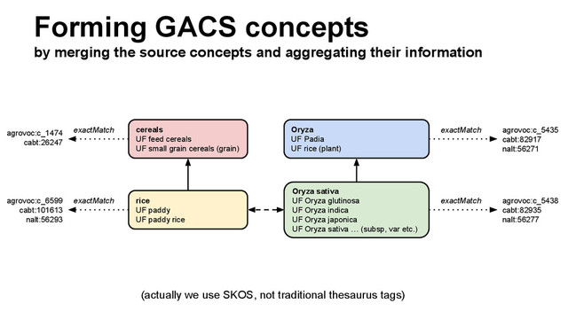 Forming GACS concepts
by merging the source concepts and aggregating their information
rice
UF paddy
UF paddy rice
cereals
UF feed cereals
UF small grain cereals (grain)
Oryza sativa
UF Oryza glutinosa
UF Oryza indica
UF Oryza japonica
UF Oryza sativa … (subsp, var etc.)
Oryza
UF Padia
UF rice (plant)
agrovoc:c_5435
cabt:82917
nalt:56271
exactMatch
agrovoc:c_5438
cabt:82935
nalt:56277
exactMatch
agrovoc:c_1474
cabt:26247
exactMatch
agrovoc:c_6599
cabt:101613
nalt:56293
exactMatch
(actually we use SKOS, not traditional thesaurus tags)
