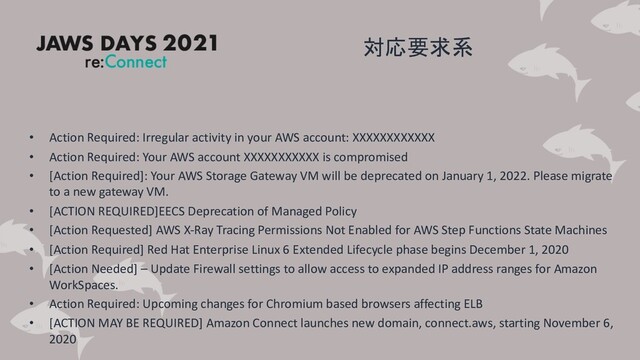 • Action Required: Irregular activity in your AWS account: XXXXXXXXXXXX
• Action Required: Your AWS account XXXXXXXXXXX is compromised
• [Action Required]: Your AWS Storage Gateway VM will be deprecated on January 1, 2022. Please migrate
to a new gateway VM.
• [ACTION REQUIRED]EECS Deprecation of Managed Policy
• [Action Requested] AWS X-Ray Tracing Permissions Not Enabled for AWS Step Functions State Machines
• [Action Required] Red Hat Enterprise Linux 6 Extended Lifecycle phase begins December 1, 2020
• [Action Needed] – Update Firewall settings to allow access to expanded IP address ranges for Amazon
WorkSpaces.
• Action Required: Upcoming changes for Chromium based browsers affecting ELB
• [ACTION MAY BE REQUIRED] Amazon Connect launches new domain, connect.aws, starting November 6,
2020
対応要求系
