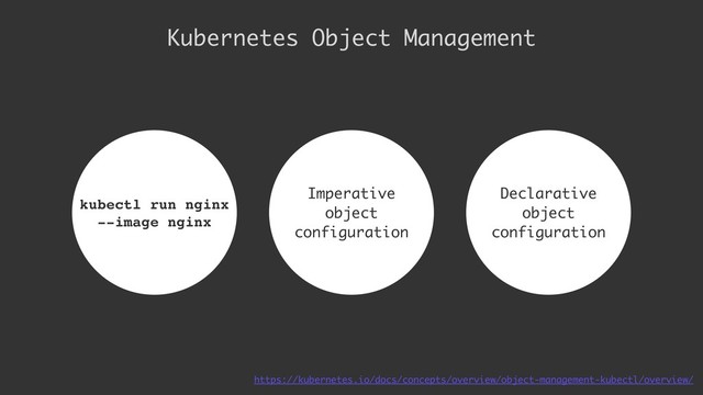 Kubernetes Object Management
Imperative 
object 
configuration
Declarative 
object 
configuration
https://kubernetes.io/docs/concepts/overview/object-management-kubectl/overview/
kubectl run nginx
--image nginx
