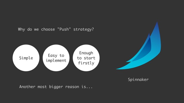 Why do we choose "Push" strategy?
Simple
Enough 
to start 
firstly
Easy to
implement
Another most bigger reason is...
Spinnaker
