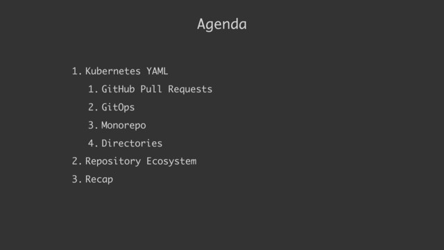 Agenda
1. Kubernetes YAML
1. GitHub Pull Requests
2. GitOps
3. Monorepo
4. Directories
2. Repository Ecosystem
3. Recap
