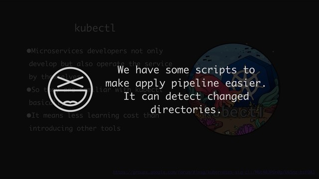 kubectl
https://groups.google.com/forum/#!msg/kubernetes-sig-cli/M6t40JP6n0g/U6Snz-bsFQAJ
•Microservices developers not only
develop but also operate the service
by themselves
•So they are familiar with kubectl
basically
•It means less learning cost than
introducing other tools
We have some scripts to
make apply pipeline easier. 
It can detect changed
directories.
