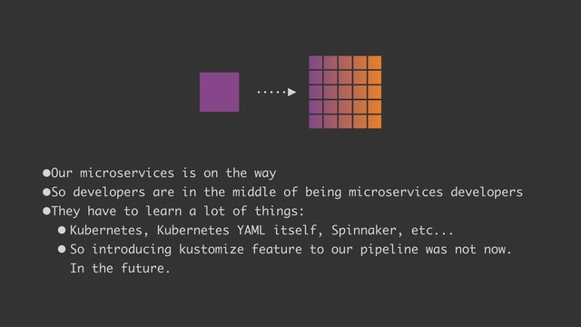 •Our microservices is on the way
•So developers are in the middle of being microservices developers
•They have to learn a lot of things:
• Kubernetes, Kubernetes YAML itself, Spinnaker, etc...
• So introducing kustomize feature to our pipeline was not now. 
In the future.
