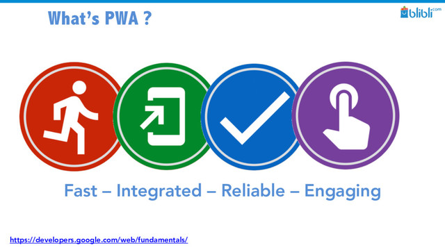 What’s PWA ?
Fast – Integrated – Reliable – Engaging
https://developers.google.com/web/fundamentals/
