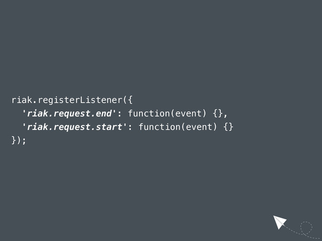riak.registerListener({
'riak.request.end': function(event) {},
'riak.request.start': function(event) {}
});
