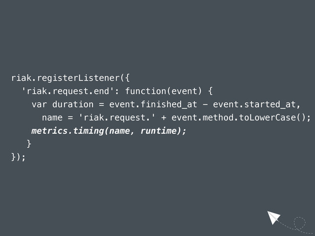 riak.registerListener({
'riak.request.end': function(event) {
var duration = event.finished_at - event.started_at,
name = 'riak.request.' + event.method.toLowerCase();
metrics.timing(name, runtime);
}
});

