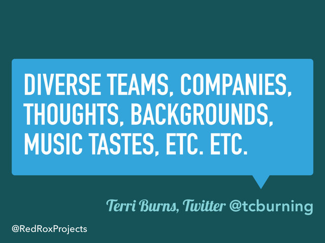 DIVERSE TEAMS, COMPANIES,
THOUGHTS, BACKGROUNDS,
MUSIC TASTES, ETC. ETC.
Terri Burns, Twitter @tcburning
@RedRoxProjects

