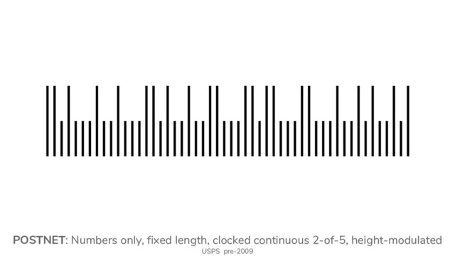 POSTNET: Numbers only, fixed length, clocked continuous 2-of-5, height-modulated
USPS pre-2009
