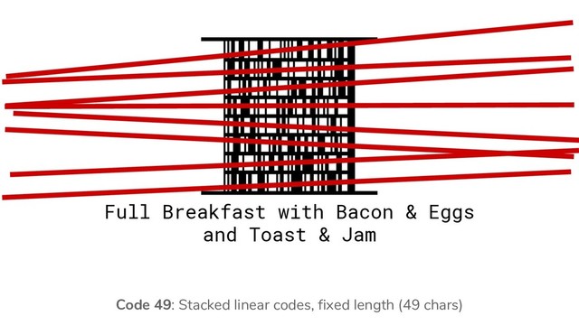 Code 49: Stacked linear codes, fixed length (49 chars)
Full Breakfast with Bacon & Eggs
and Toast & Jam
