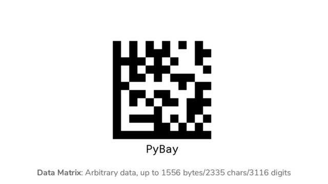 Data Matrix: Arbitrary data, up to 1556 bytes/2335 chars/3116 digits
PyBay
