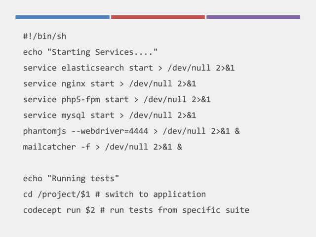 #!/bin/sh
echo "Starting Services...."
service elasticsearch start > /dev/null 2>&1
service nginx start > /dev/null 2>&1
service php5-fpm start > /dev/null 2>&1
service mysql start > /dev/null 2>&1
phantomjs --webdriver=4444 > /dev/null 2>&1 &
mailcatcher -f > /dev/null 2>&1 &
echo "Running tests"
cd /project/$1 # switch to application
codecept run $2 # run tests from specific suite
