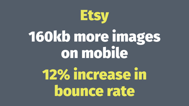 Etsy
160kb more images
on mobile
12% increase in
bounce rate
