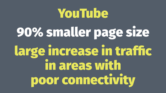 YouTube
90% smaller page size
large increase in trafﬁc
in areas with
poor connectivity
