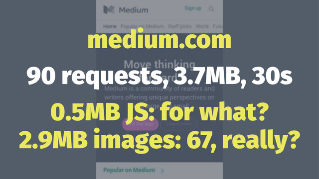 medium.com
90 requests, 3.7MB, 30s
0.5MB JS: for what?
2.9MB images: 67, really?

