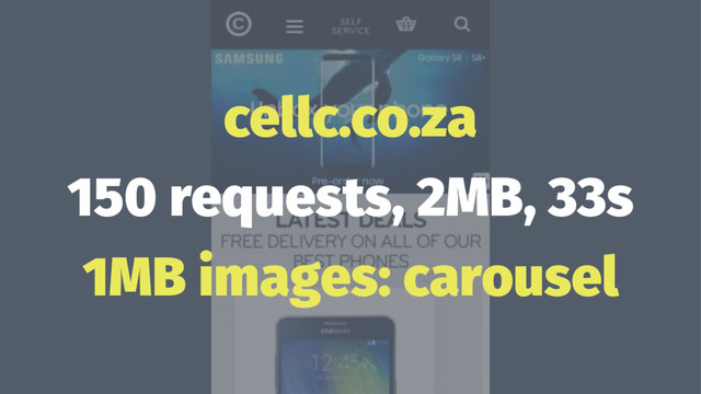 cellc.co.za
150 requests, 2MB, 33s
1MB images: carousel
