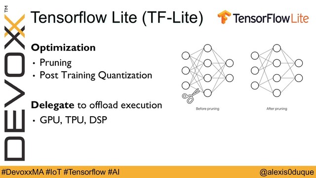@alexis0duque
#DevoxxMA #IoT #Tensorflow #AI
Tensorflow Lite (TF-Lite)
Optimization
• Pruning
• Post Training Quantization
Delegate to offload execution
• GPU, TPU, DSP
