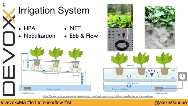 @alexis0duque
#DevoxxMA #IoT #Tensorflow #AI
Irrigation System
● HPA
● Nebulization
● NFT
● Ebb & Flow
https://www.hydroponic-urban-gardening.com/hydroponics-guide/various-hydroponics-systems
