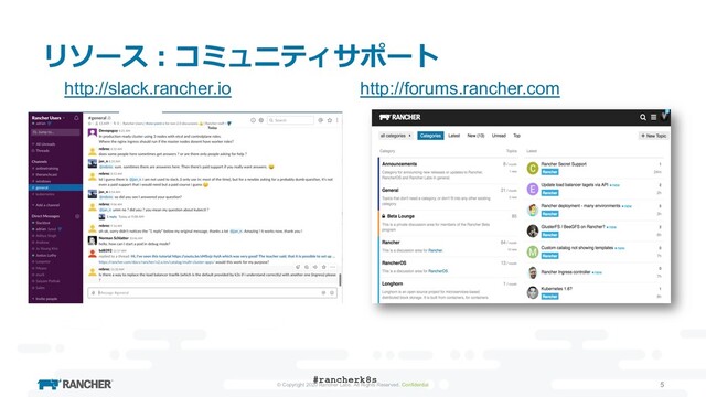 © Copyright 2020 Rancher Labs. All Rights Reserved. Confidential 5
リソース︓コミュニティサポート
http://forums.rancher.com
#rancherk8s
http://slack.rancher.io
