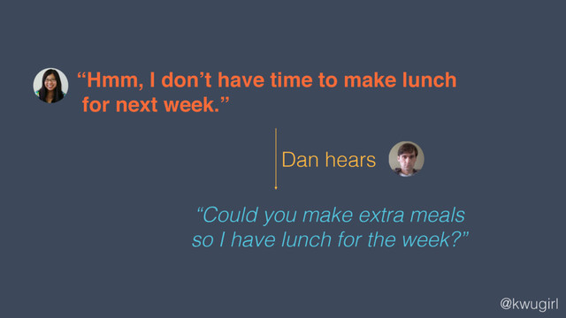 @kwugirl
“Hmm, I don’t have time to make lunch  
for next week.”
“Could you make extra meals
so I have lunch for the week?”
Dan hears
