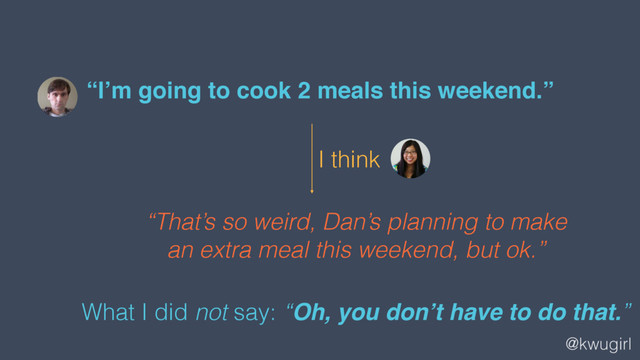 @kwugirl
“I’m going to cook 2 meals this weekend.”
“That’s so weird, Dan’s planning to make
an extra meal this weekend, but ok.”
What I did not say: “Oh, you don’t have to do that.”
I think
