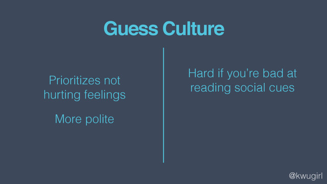 @kwugirl
Guess Culture
Prioritizes not  
hurting feelings
More polite
Hard if you’re bad at  
reading social cues
