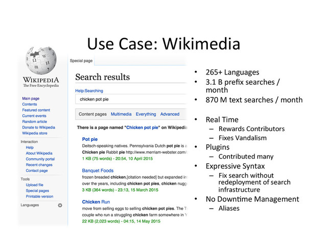 Use	  Case:	  Wikimedia	  
•  265+	  Languages	  
•  3.1	  B	  preﬁx	  searches	  /	  
month	  
•  870	  M	  text	  searches	  /	  month	  
•  Real	  Time	  
–  Rewards	  Contributors	  
–  Fixes	  Vandalism	  
•  Plugins	  
–  Contributed	  many	  
•  Expressive	  Syntax	  
–  Fix	  search	  without	  
redeployment	  of	  search	  
infrastructure	  
•  No	  Down4me	  Management	  
–  Aliases	  
