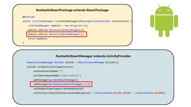 RuntasticReactPackage extends ReactPackage
@Override
public List createViewManagers(ReactApplicationContext reactContext) {
List modules = new ArrayList<>();
modules.add(new RuntasticToolbarManager());
modules.add(new RuntasticMapViewManager());
return modules;
}
RuntasticReactManager extends ActivityProvider
ReactInstanceManager.Builder builder = ReactInstanceManager.builder();
builder.setApplication(application)
.setBundleAssetName("")
.setJSMainModuleName("index.android")
.addPackage(new MainReactPackage())
.addPackage(new RuntasticReactPackage(this))
.setUseDeveloperSupport(devModeEnabled)
.setInitialLifecycleState(createInBackground ? LifecycleState.BEFORE_RESUME : LifecycleState.RESUMED);

