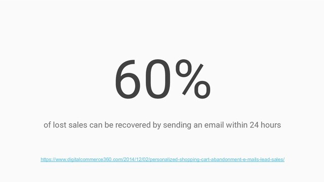 60%
of lost sales can be recovered by sending an email within 24 hours
https://www.digitalcommerce360.com/2014/12/02/personalized-shopping-cart-abandonment-e-mails-lead-sales/
