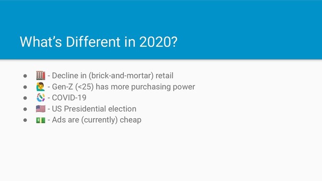 What’s Different in 2020?
●  - Decline in (brick-and-mortar) retail
● ‍♂ - Gen-Z (<25) has more purchasing power
●  - COVID-19
●  - US Presidential election
●  - Ads are (currently) cheap
