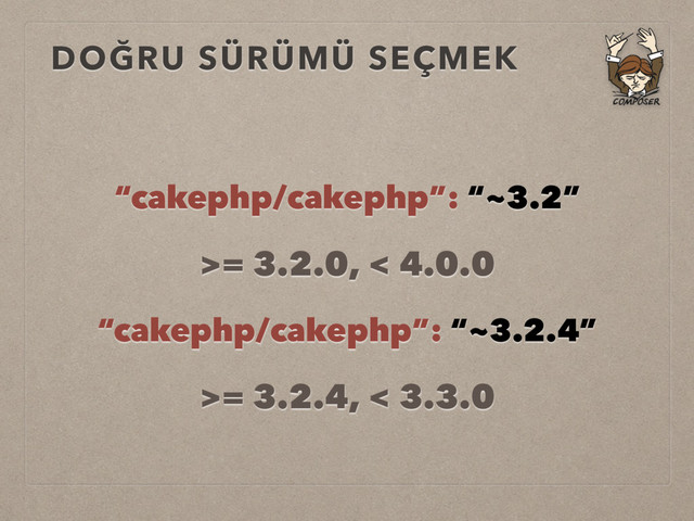 DOĞRU SÜRÜMÜ SEÇMEK
“cakephp/cakephp”: “~3.2”
>= 3.2.0, < 4.0.0
“cakephp/cakephp”: “~3.2.4”
>= 3.2.4, < 3.3.0
