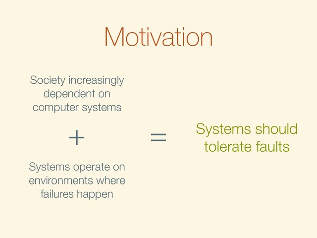 Motivation
Society increasingly
dependent on
computer systems
Systems operate on
environments where
failures happen
Systems should
tolerate faults
+ =
