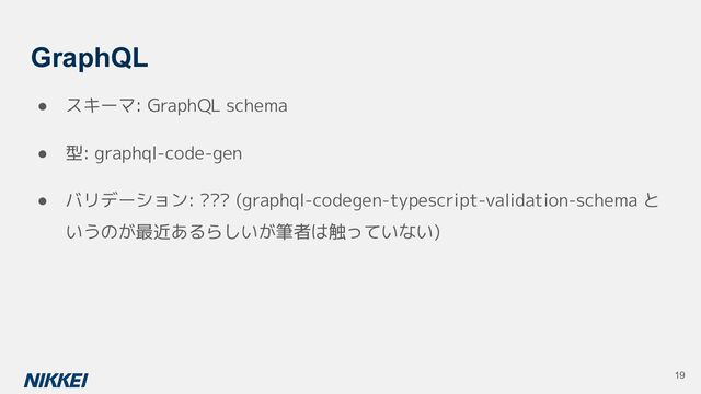 GraphQL
● スキーマ: GraphQL schema
● 型: graphql-code-gen
● バリデーション: ??? (graphql-codegen-typescript-validation-schema と
いうのが最近あるらしいが筆者は触っていない)
19
