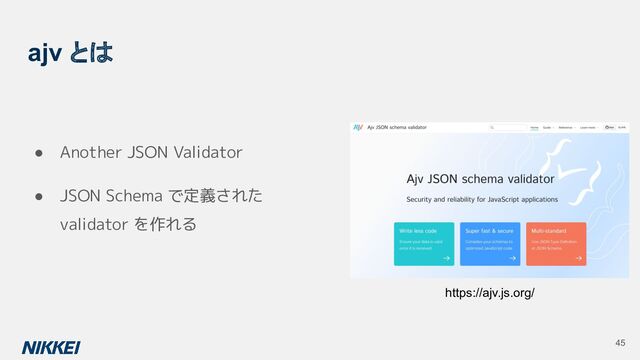 ajv とは
● Another JSON Validator
● JSON Schema で定義された
validator を作れる
https://ajv.js.org/
45
