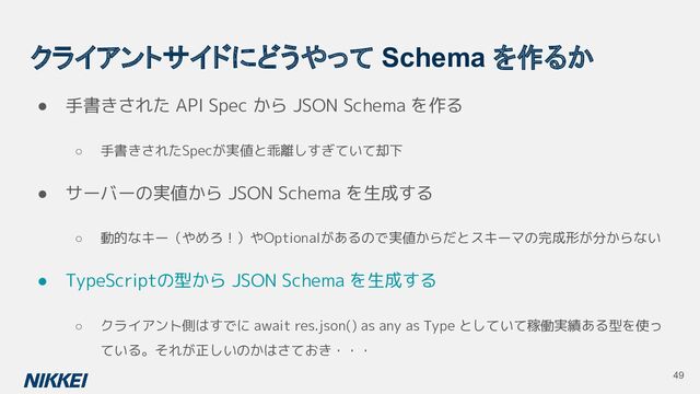 クライアントサイドにどうやって Schema を作るか
● 手書きされた API Spec から JSON Schema を作る
○ 手書きされたSpecが実値と乖離しすぎていて却下
● サーバーの実値から JSON Schema を生成する
○ 動的なキー（やめろ！）やOptionalがあるので実値からだとスキーマの完成形が分からない
● TypeScriptの型から JSON Schema を生成する
○ クライアント側はすでに await res.json() as any as Type としていて稼働実績ある型を使っ
ている。それが正しいのかはさておき・・・
49
