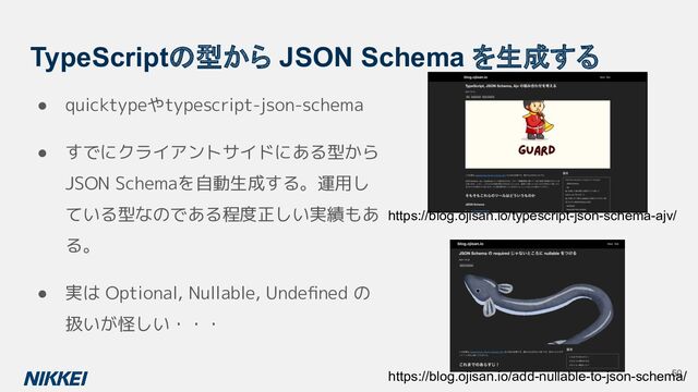 TypeScriptの型から JSON Schema を生成する
● quicktypeやtypescript-json-schema
● すでにクライアントサイドにある型から
JSON Schemaを自動生成する。運用し
ている型なのである程度正しい実績もあ
る。
● 実は Optional, Nullable, Undeﬁned の
扱いが怪しい・・・
https://blog.ojisan.io/typescript-json-schema-ajv/
50
https://blog.ojisan.io/add-nullable-to-json-schema/
