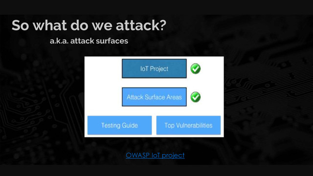 So what do we attack?
a.k.a. attack surfaces
OWASP IoT project
