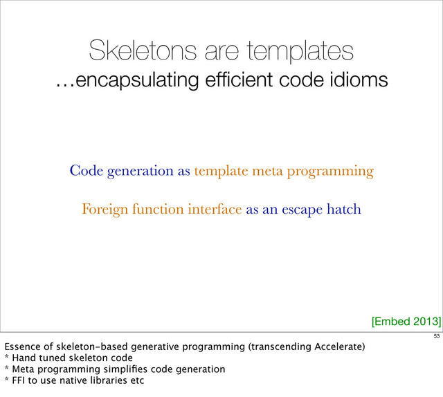 Skeletons are templates
…encapsulating efﬁcient code idioms
Code generation as template meta programming
Foreign function interface as an escape hatch
[Embed 2013]
53
Essence of skeleton-based generative programming (transcending Accelerate)
* Hand tuned skeleton code
* Meta programming simpliﬁes code generation
* FFI to use native libraries etc
