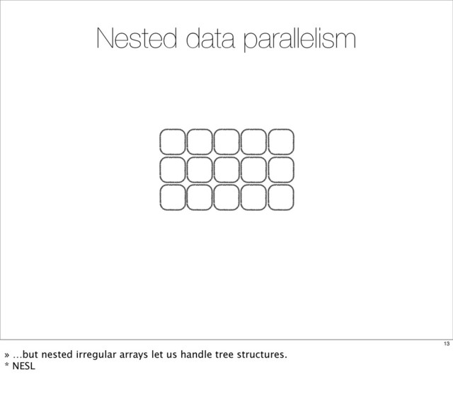 Nested data parallelism
13
» …but nested irregular arrays let us handle tree structures.
* NESL
