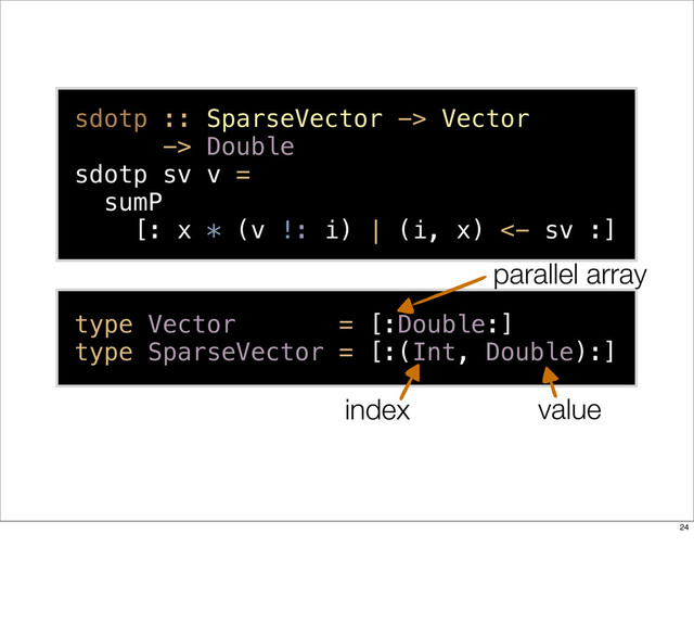 type Vector = [:Double:]
type SparseVector = [:(Int, Double):]
sdotp :: SparseVector -> Vector
-> Double
sdotp sv v =
sumP
[: x * (v !: i) | (i, x) <- sv :]
index value
parallel array
24
