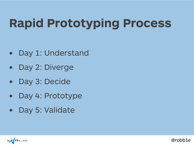 @robb1e
• Day 1: Understand
• Day 2: Diverge
• Day 3: Decide
• Day 4: Prototype
• Day 5: Validate
Rapid Prototyping Process
