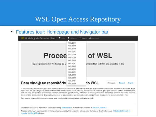 WSL Open Access Repository
●
Features tour: Homepage and Navigator bar
