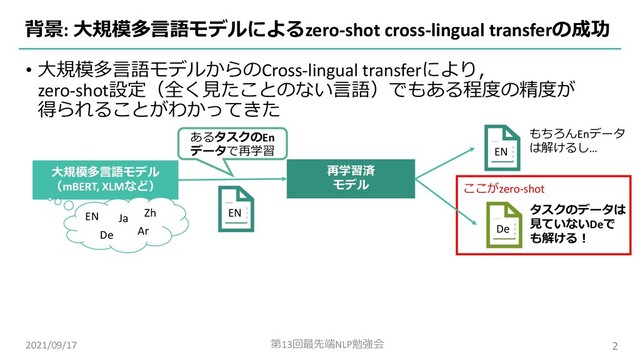 • ⼤規模多⾔語モデルからのCross-lingual transferにより，
zero-shot設定（全く⾒たことのない⾔語）でもある程度の精度が
得られることがわかってきた
背景: ⼤規模多⾔語モデルによるzero-shot cross-lingual transferの成功
2021/09/17 第13回最先端NLP勉強会 2
⼤規模多⾔語モデル
（mBERT, XLMなど）
あるタスクのEn
データで再学習
再学習済
モデル
EN
EN
もちろんEnデータ
は解けるし…
タスクのデータは
⾒ていないDeで
も解ける︕
De
ここがzero-shot
EN
De
Ja
Ar
Zh
