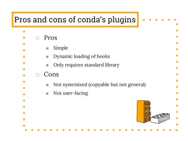 Pros and cons of conda’s plugins
□ Pros
■ Simple
■ Dynamic loading of hooks
■ Only requires standard library
□ Cons
■ Not systemized (copyable but not general)
■ Not user-facing

