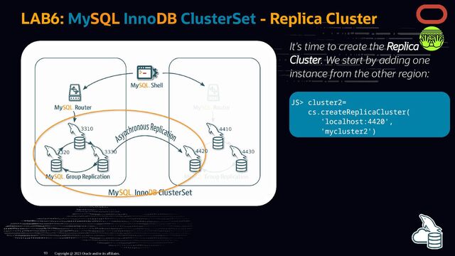 It's time to create the Replica
Cluster. We start by adding one
instance from the other region:
JS> cluster2=
cs.createReplicaCluster(
'localhost:4420',
'mycluster2')
LAB6: MySQL InnoDB ClusterSet - Replica Cluster
Copyright @ 2023 Oracle and/or its affiliates.
93
