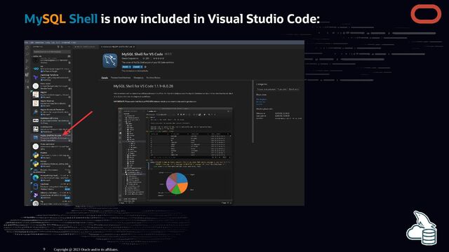 MySQL Shell is now included in Visual Studio Code:
Copyright @ 2023 Oracle and/or its affiliates.
9
