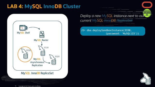 Deploy a new MySQL instance next to our
current MySQL InnoDB ReplicaSet
JS> dba.deploySandboxInstance(3330,
{password: 'MySQL123'})
LAB 4: MySQL InnoDB Cluster
Copyright @ 2023 Oracle and/or its affiliates.
70
