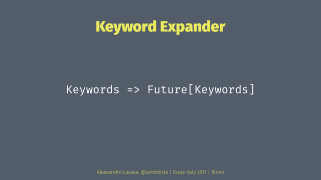 Keyword Expander
Keywords => Future[Keywords]
Alessandro Lacava, @lambdista | Scala Italy 2017 | Rome
