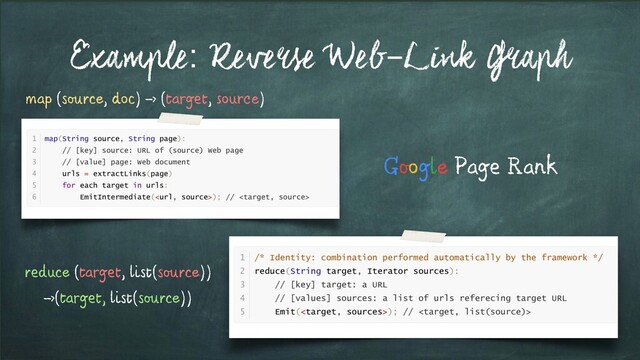 Example: Reverse Web-Link Graph
map (source, doc) -> (target, source)
reduce (target, list(source))
->(target, list(source))
Google Page Rank
