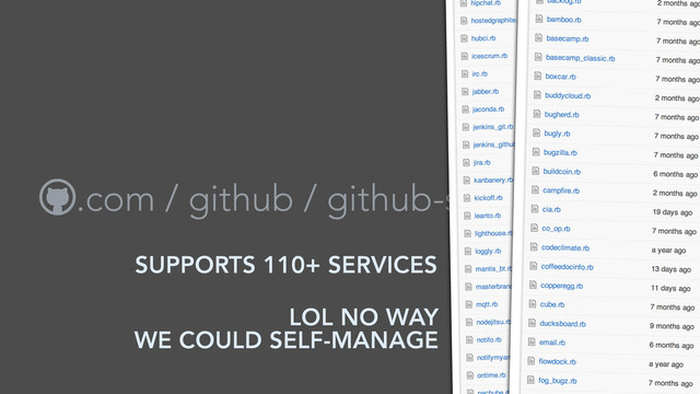 .com / github / github-services
SUPPORTS 110+ SERVICES
LOL NO WAY
WE COULD SELF-MANAGE
