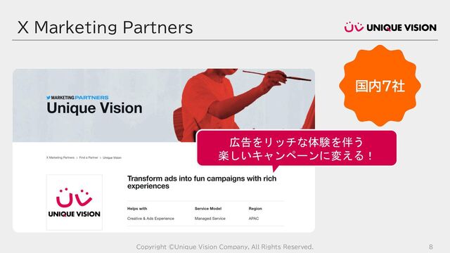 X Marketing Partners
Copyright ©Unique Vision Company, All Rights Reserved. 8
広告をリッチな体験を伴う
楽しいキャンペーンに変える！
国内7社
